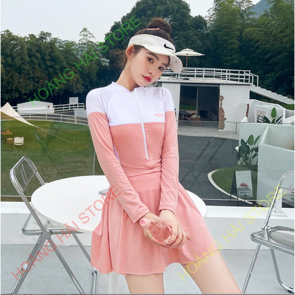 Bộ đồ bơi bikini nữ kín đáo đi tắm biển giấu bụng váy liền áo dài tay