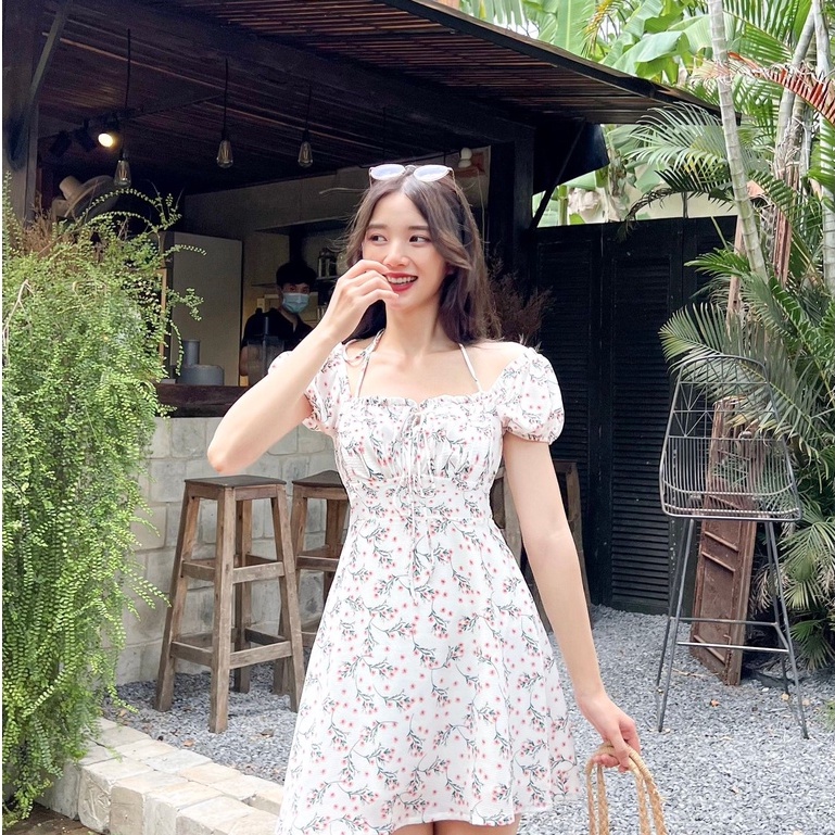 Đâm ANNA - Đầm hoa nhún ngực cột cổ