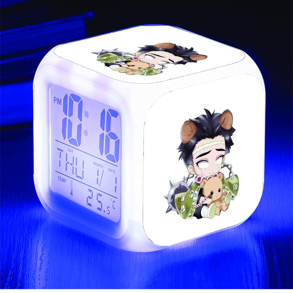 Đồng hồ báo thức để bàn in hình KIMETSU NO YAIBA Thanh Gươm Diệt Quỷ ver TAI THÚ đèn LED đổi màu chibi anime