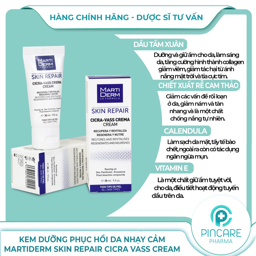 Kem dưỡng phục hồi da MartiDerm Skin Repair Cicra Vass Cream 30ml cho da nhạy cảm - Hàng chính hãng - Nhà thuốc PinCare