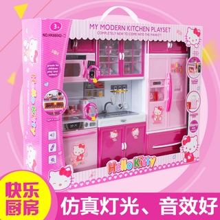 Hello Kitty nhà bếp Đồ chơi Bộ đồ chơi trẻ em mô phỏng nhà bếp mini nấu ăn tủ lạnh lò vi sóng đồ dùng nhà bếp nhỏ