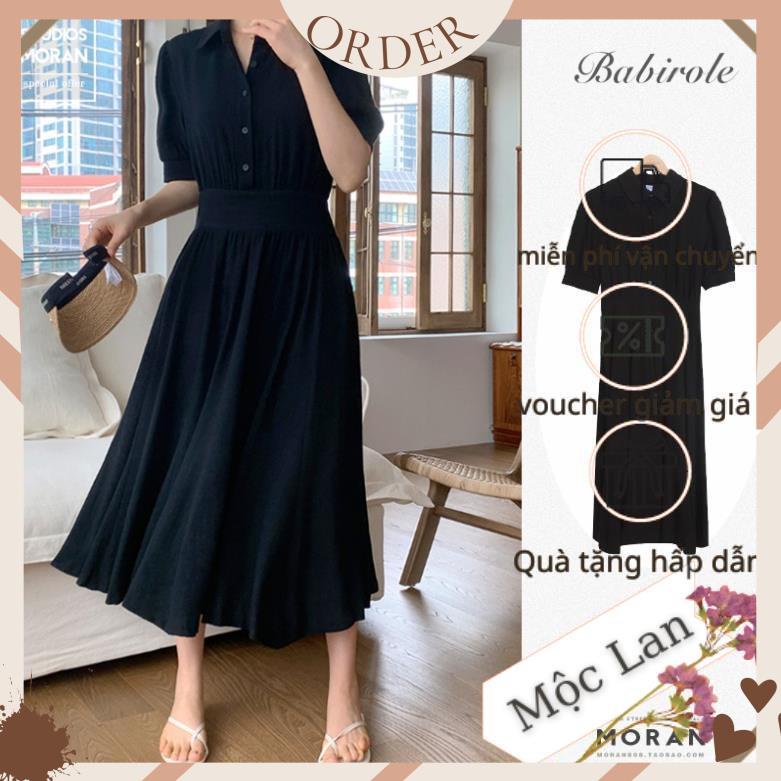 (MộcLan ORDER) Váy sơ mi MORAN cổ bẻ cài khu thun eo xòe dài đơn giản style Hàn Quốc sang trọng