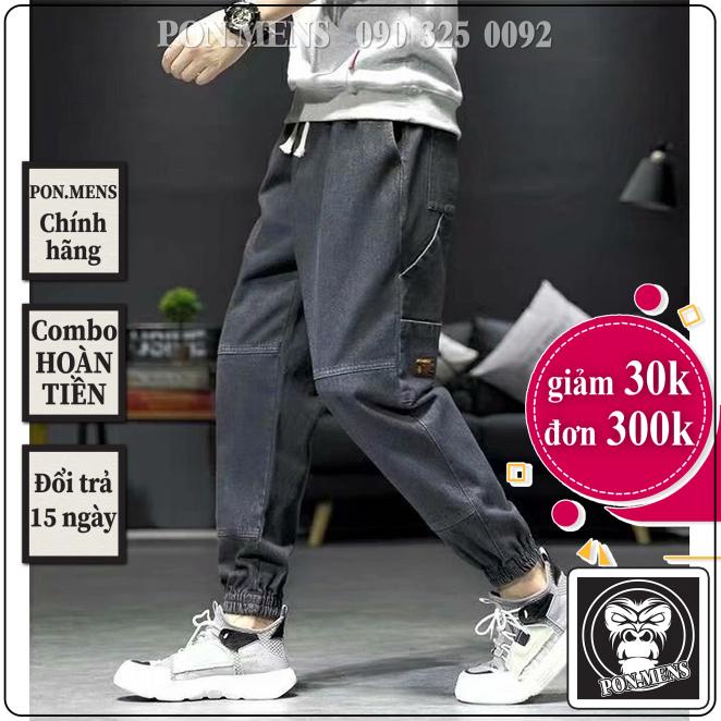Quần Jeans Jogger nam màu đen logo thêu bó gấu lưng chun 709w 2021 pon.mens