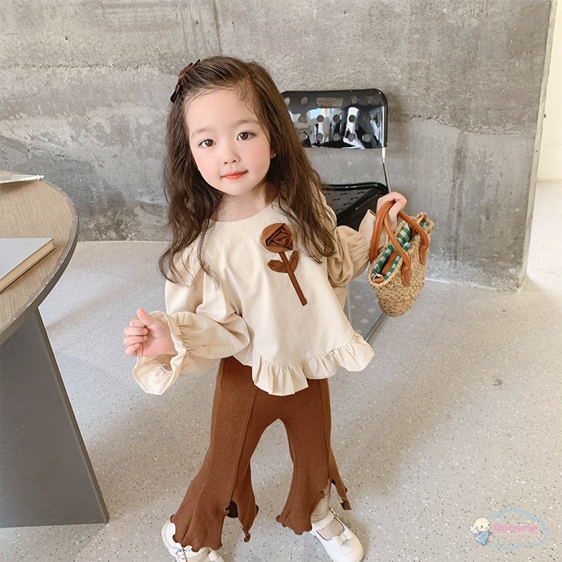 Bộ Đồ 2 Món Áo Hoa Tay Dài + Quần Ống Loe Xẻ Tà Thời Trang Cho Bé Gái