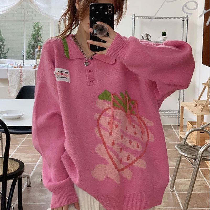 Áo sweater Dệt Kim Mềm Mại In Họa Tiết Dâu Tây Thời Trang Thu Đông Cho Nữ