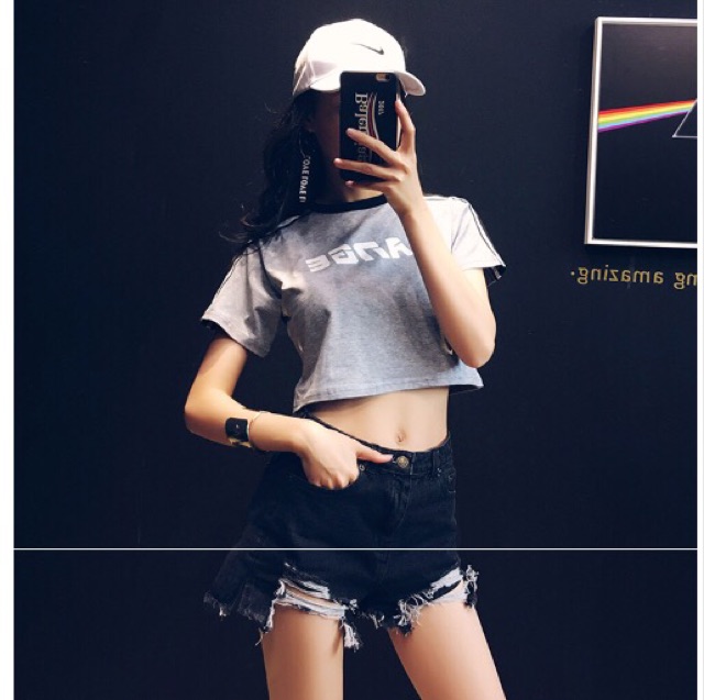 Áo thun nữ tay lỡ form rộng croptop luu ý cổ áo cùng màu với thân áo