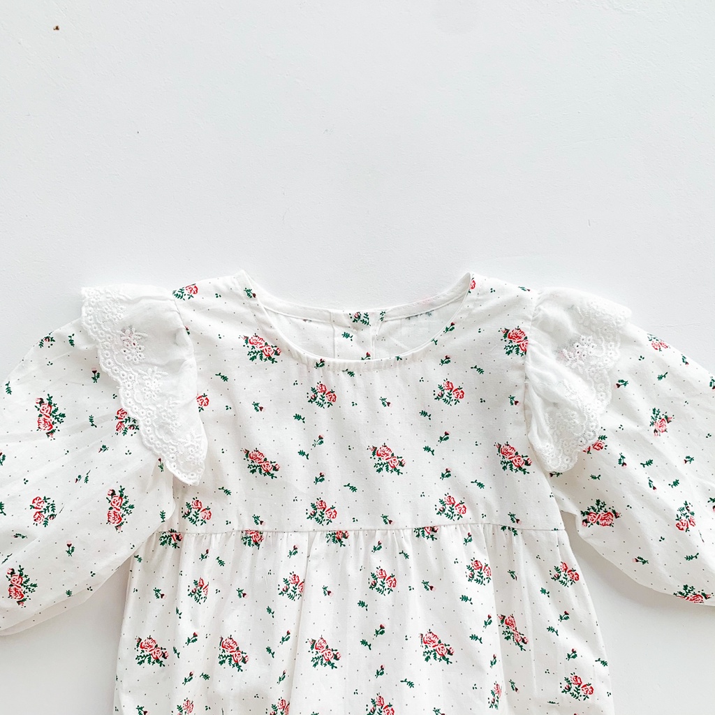 Set áo liền quần tay dài phối ren in hoa kèm mũ phong cách công chúa dễ thương cho bé gái sơ sinh