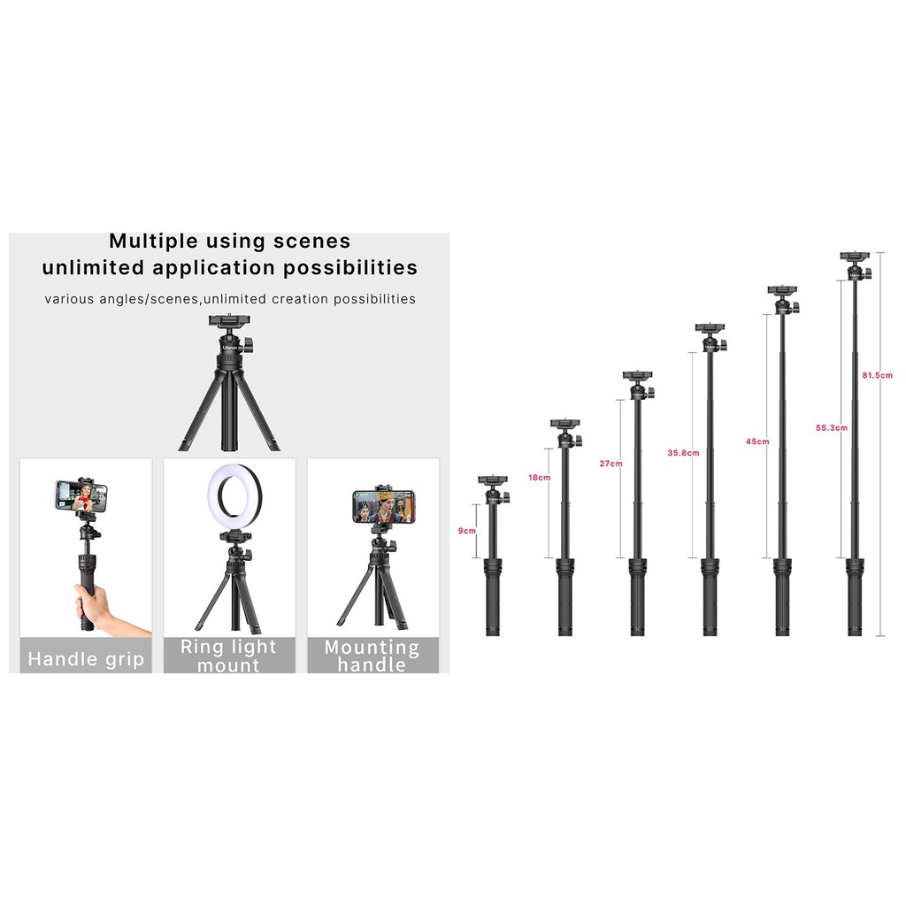 ULANZI MT-34 - HÀNG CHÍNH HÃNG - Chân Tripod tích hợp ngàm kẹp điện thoại, ballhead xoay 360°