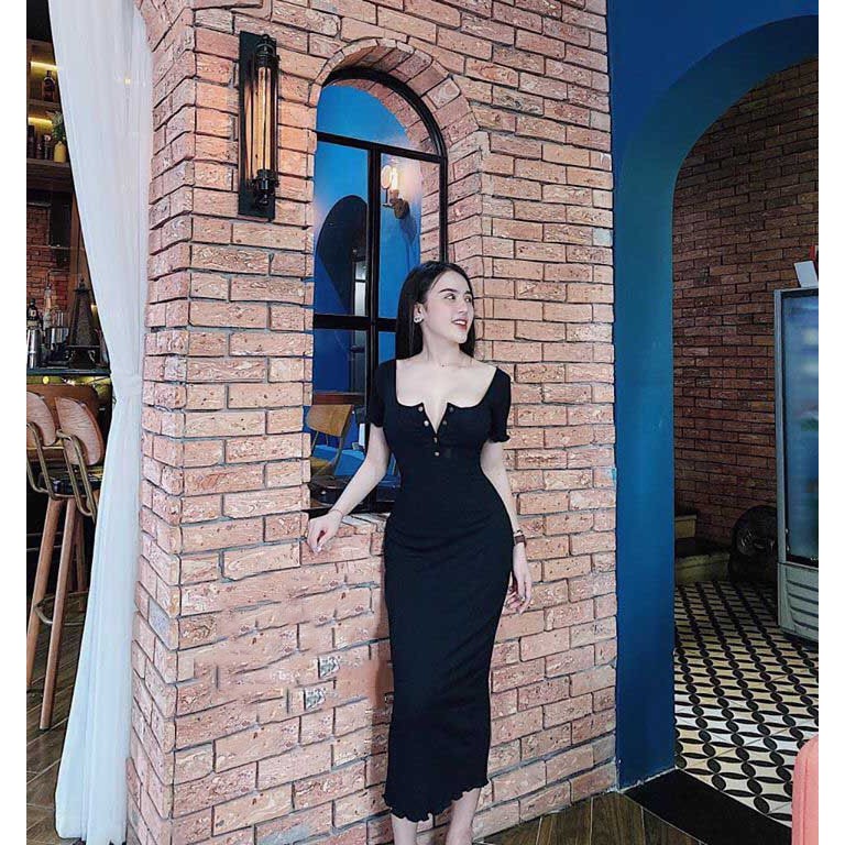 Váy Đầm Nữ ❄️ FREESHIP ❄️ Đầm Dự Tiệc Ôm Body Cổ Vuông Nút Bấm Tay Ngắn Form Dài Sang Chảnh LH53