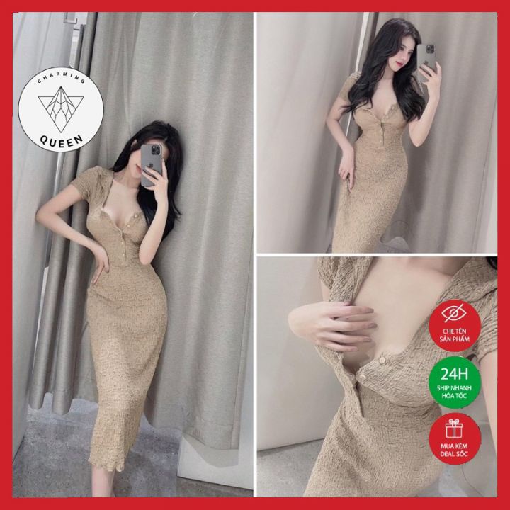 Váy Body, Đầm Ôm Body Xòe Đuôi Cá Cúc Ngực Dáng Dài Vải Mềm Siêu Tôn Dáng --Charming Queen | BigBuy360 - bigbuy360.vn