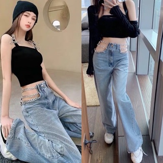 quần jeans ống rộng phối dây xích eo có bigsize