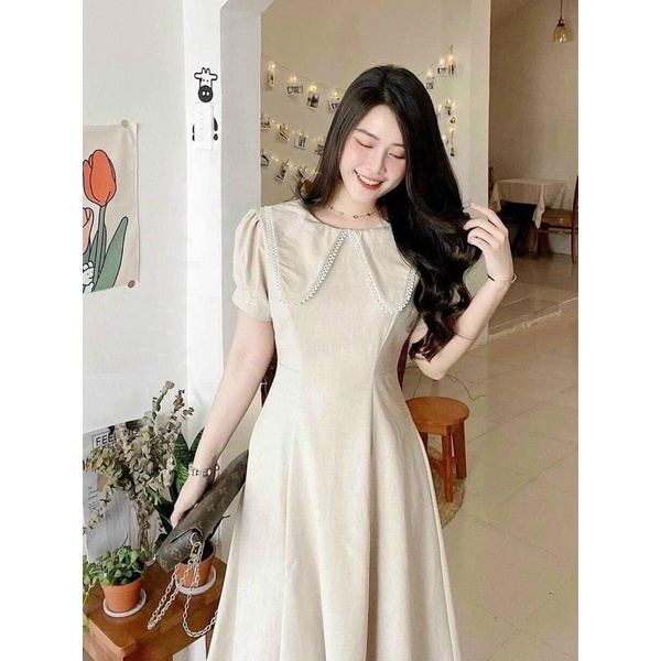 Đầm váy midi cổ bèo viền ren 2 màu