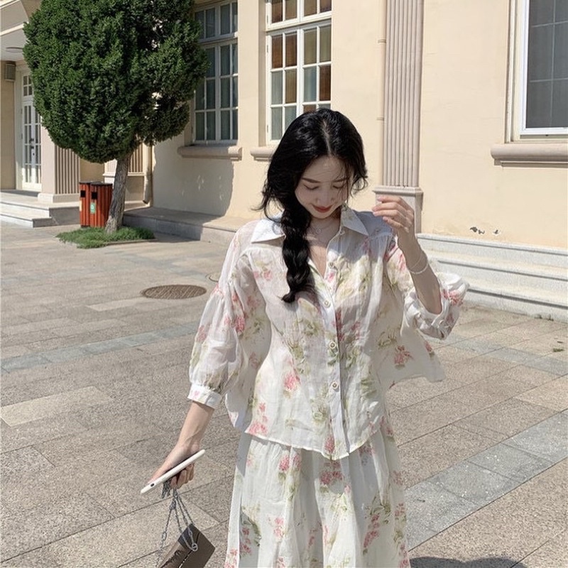 Set áo sơmi váy hoa dáng dài ulzzang