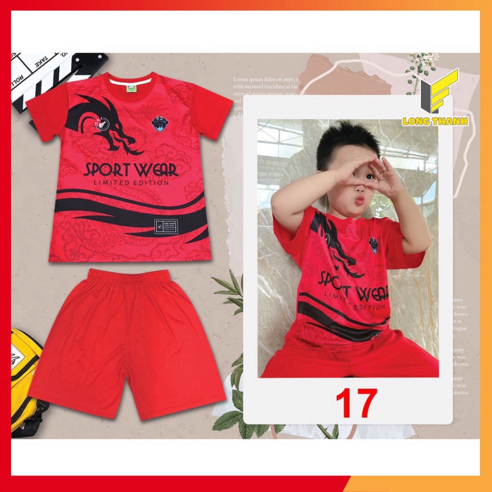 M17-Giá Sỉ Bộ Đồ Đá Bóng Màu Đỏ in Hình Rồng Cổ Tròn Cộc Tay Thun Lạnh Mát Mẻ Cho Bé Size Từ 12-75kg