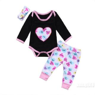 Mu♫-Fashion Cute Baby Girl Long Sleeve Top Jumpsuit + Love Print Pants + Bowknot Headband Autumn 3 Outfits Hot Sale
