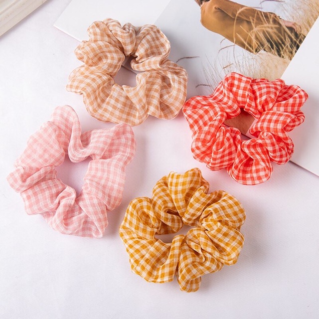 Chun cột tóc Scrunchies caro voan nhiều mầu