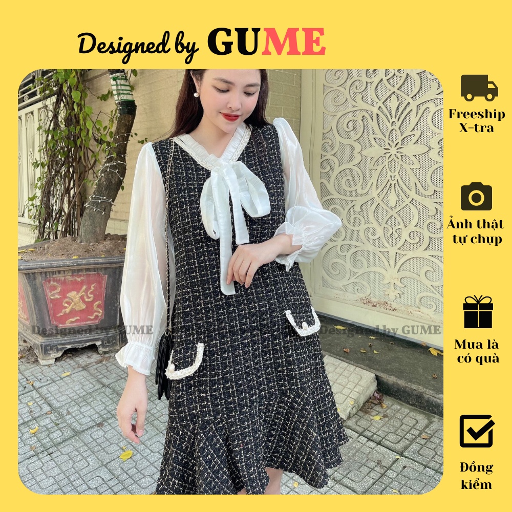 Váy bầu thu đông, đầm bầu thiết kế GuMe dạ tweed cao cấp 2 lớp màu ĐEN đuôi cá, tay, cổ nơ điệu đà phối organza- MB202
