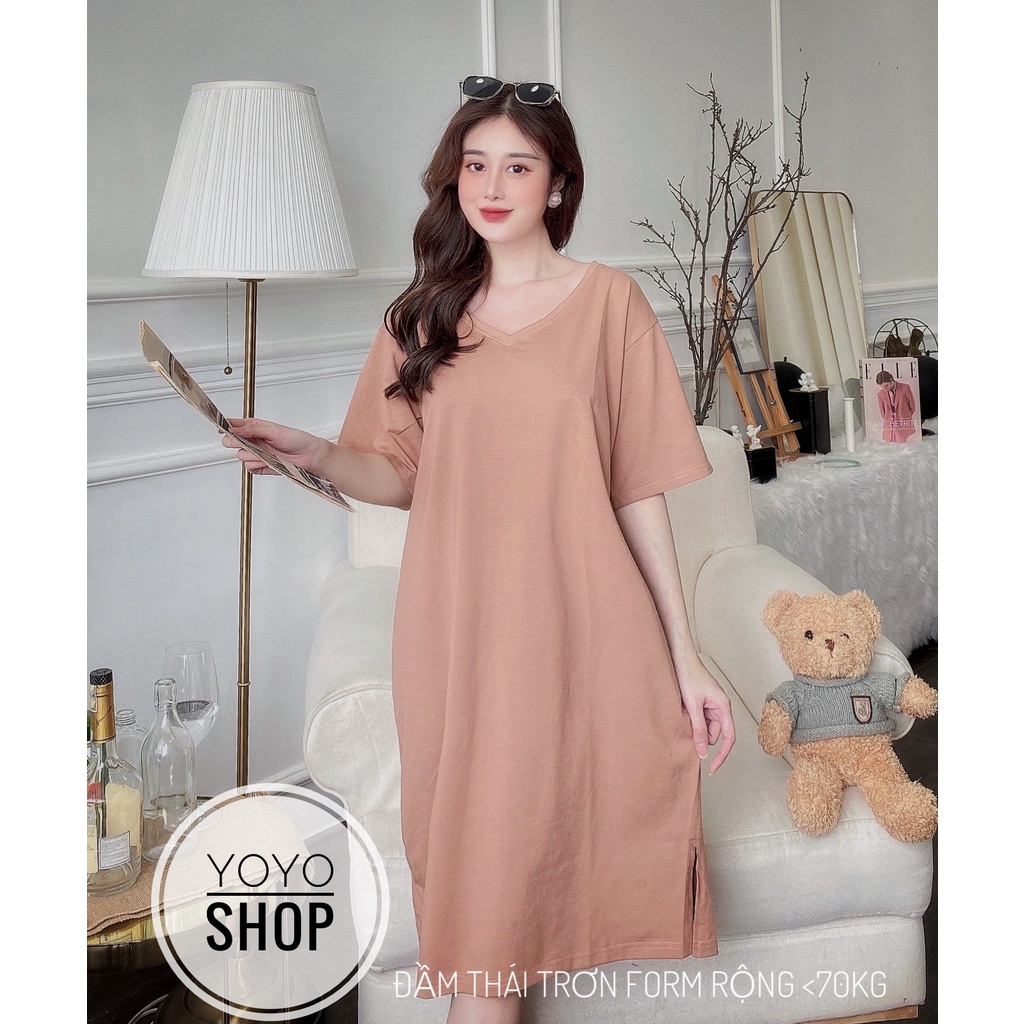 Đầm trơn basic dáng suông bigsize thun thái cao cấp YoYo tay lỡ cổ tròn màu hồng cổ tim