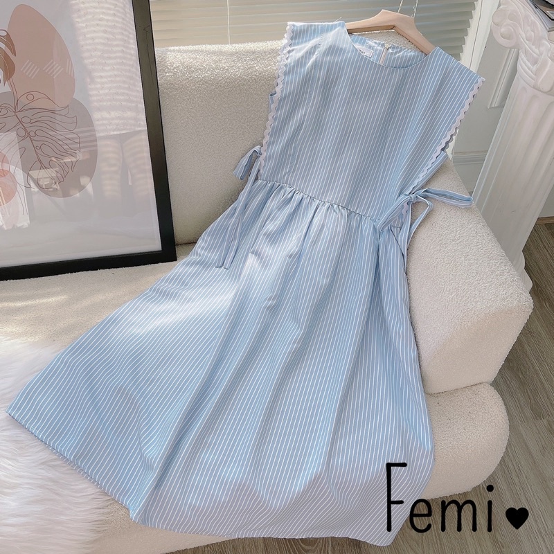 Đầm Sọc Viền Ren Thắt Nơ, đầm kẻ viền ren maxi phom suông dễ mặc