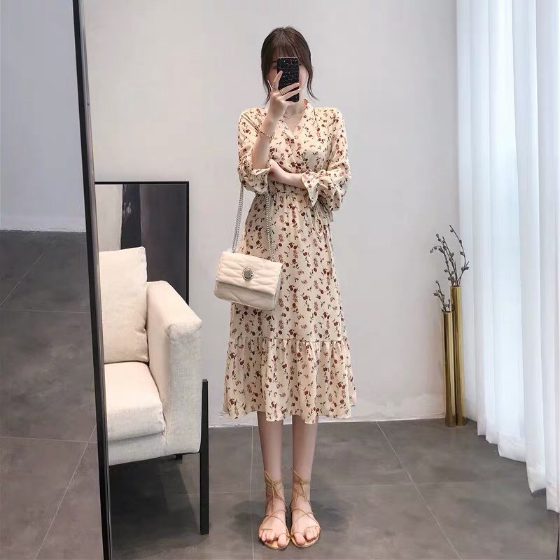 Đầm hoa nhí kiểu đuôi cá bánh bèo vintage chất voan mát mẻ phong cách ulzzang Hàn Quốc V14 - Peyy Clothing