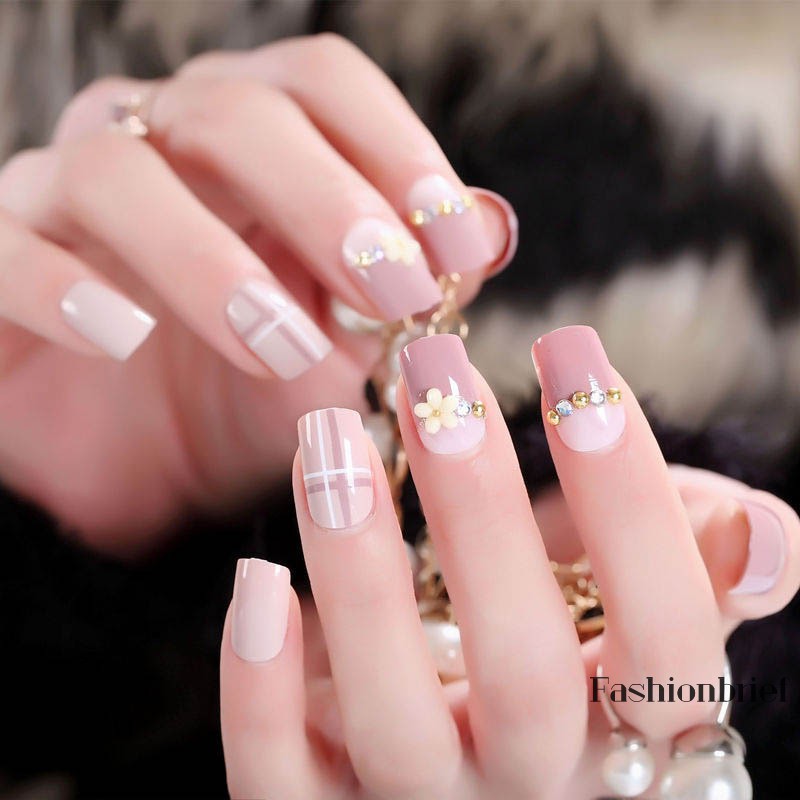 Set 24 móng giả họa tiết hoa màu xanh dương/đỏ thời trang kiểu Pháp