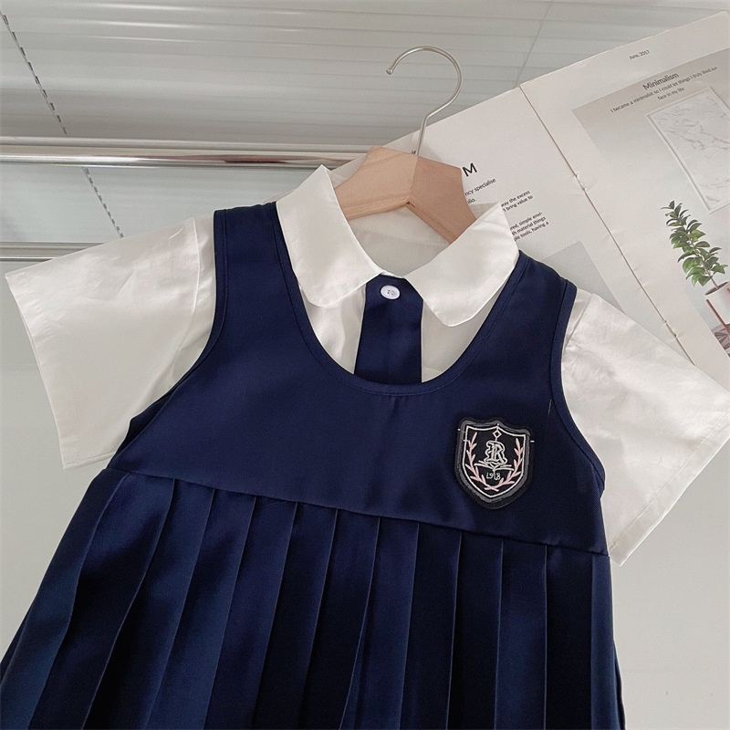 Bộ Đồng Phục Áo Tay Ngắn Và Chân Váy Xếp Ly Phong Cách Preppy Hàn Quốc Thời Trang Mùa Hè Cho Bé Gái