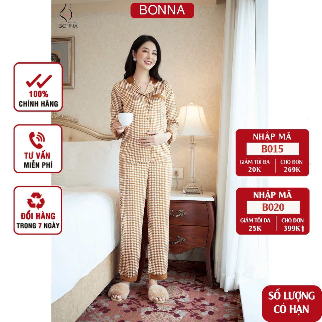 Đồ bộ bầu BONNA mặc trước và sau sinh thoải mái, quần có chun cúc điều chỉnh tiện lợi, chất lụa tằm cao cấp mềm mại B018