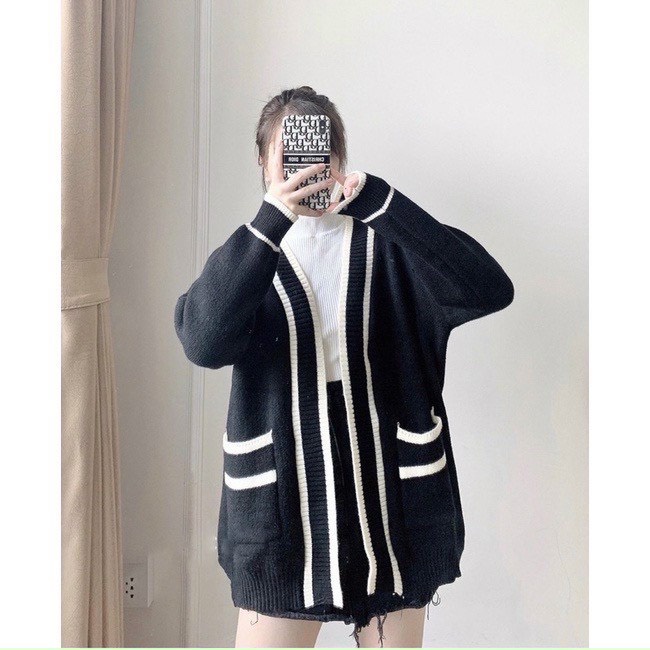Áo cadigan len nữ dày sọc Đen Trắng có túi, Cadigan viền phong cách Ulzzang Hàn Quốc