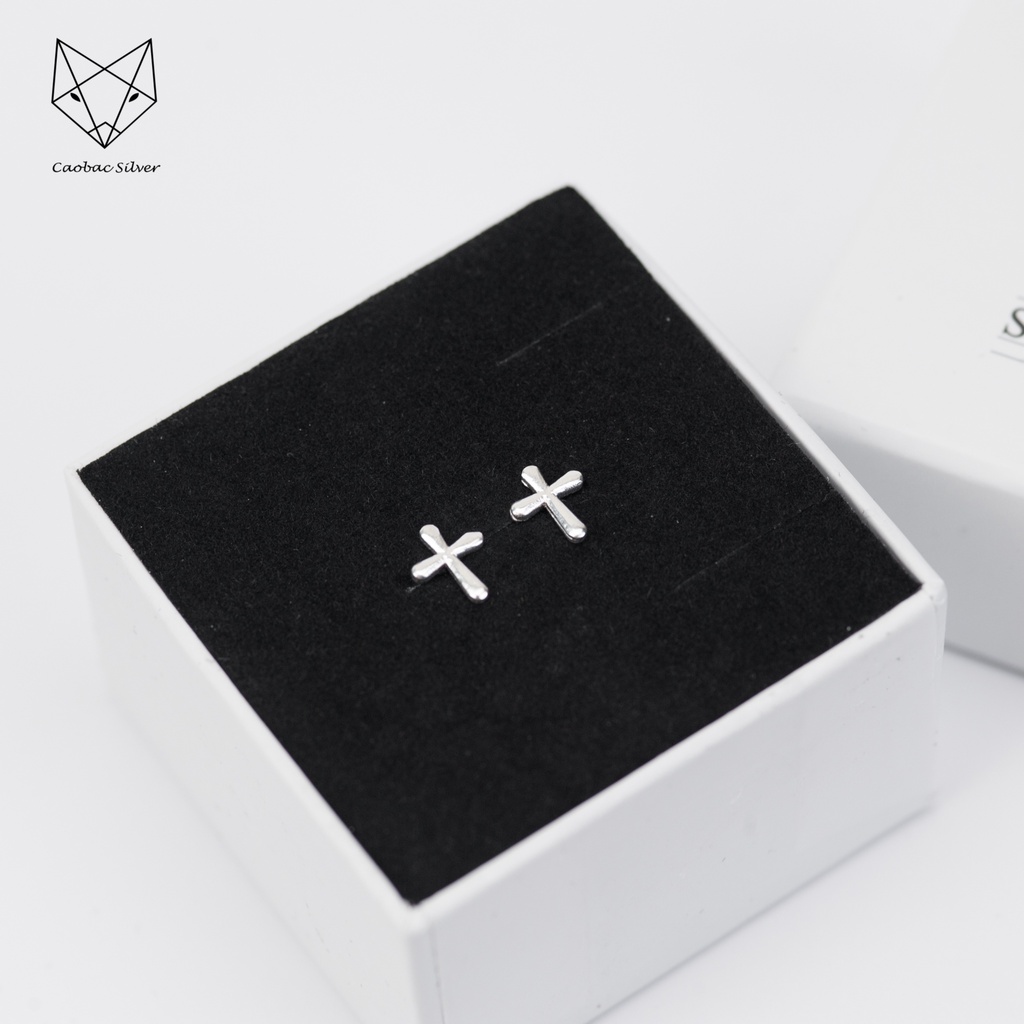 Khuyên Tai Bạc Ta CaoBac Silver Đơn Giản Chữ Thập Trơn Phong Cách Unisex Nam Nữ Đều Đeo Được