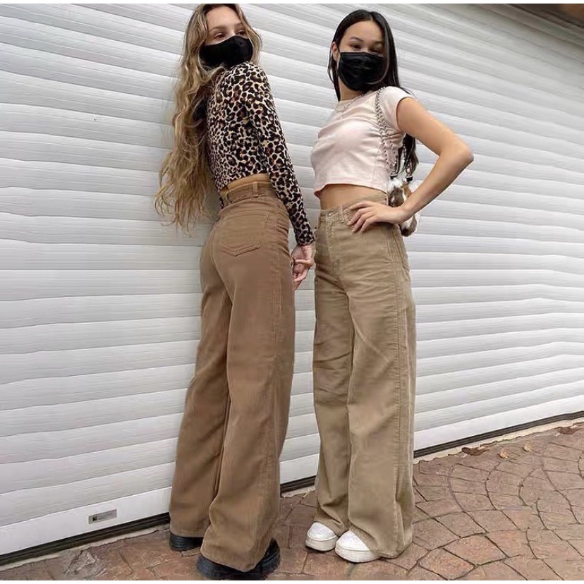 Quần dài ống suông nhung tăm tone nâu Retro