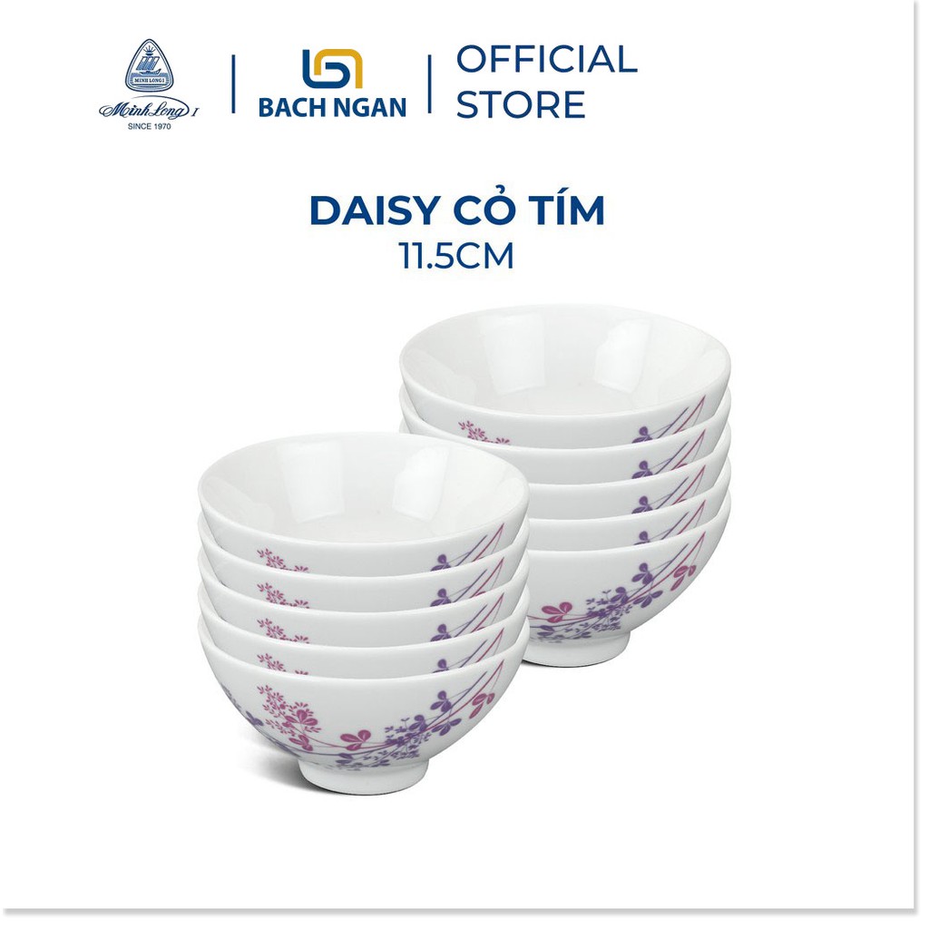Bộ 10 Chén Ăn Cơm Minh Long 11.5 cm Daisy Cỏ Tím sứ cao cấp, đẹp, họa tiết cổ điển dùng gia đình, tặng quà