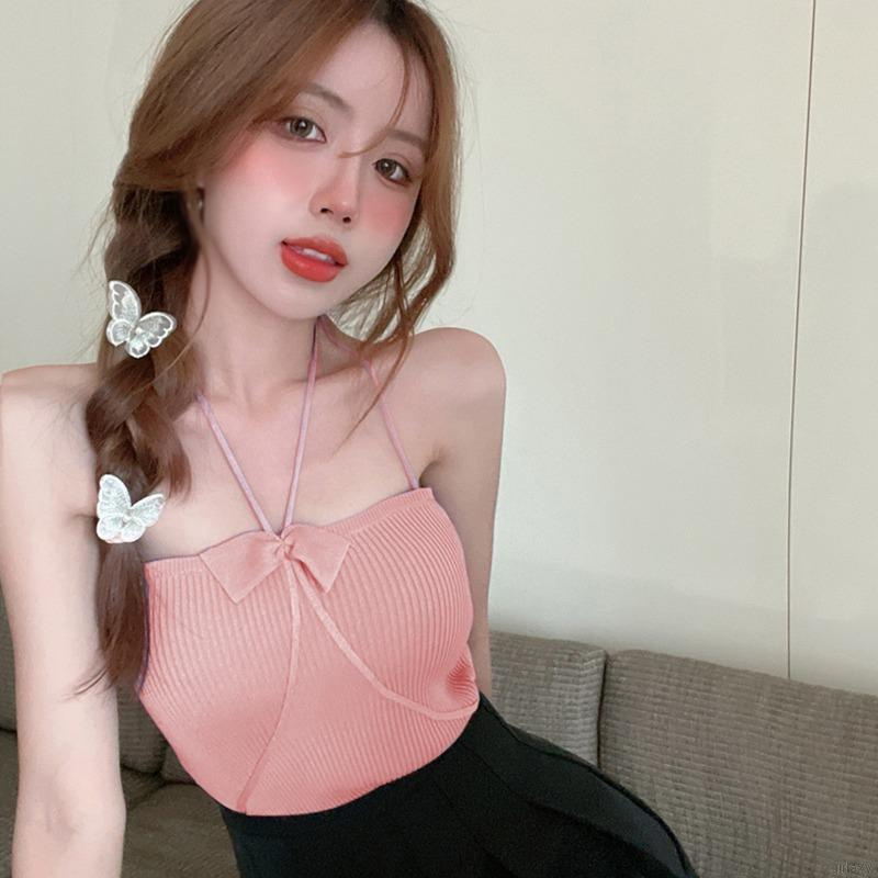 Áo Croptop Sát Nách Dệt Kim Phối Nơ Phong Cách Hàn Quốc