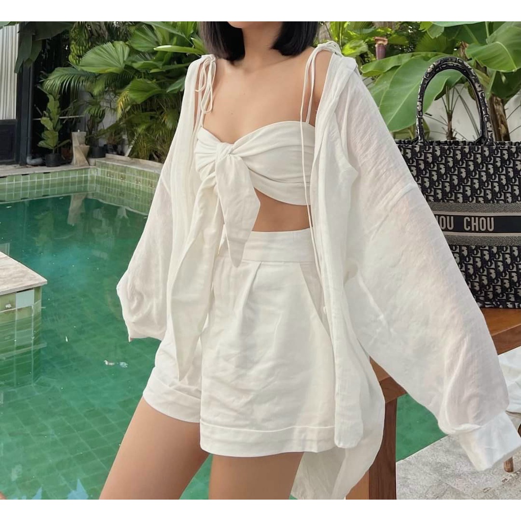 Set đùi kèm áo hai dây cột nơ kèm áo khoác sơ mi cực chất đi biển