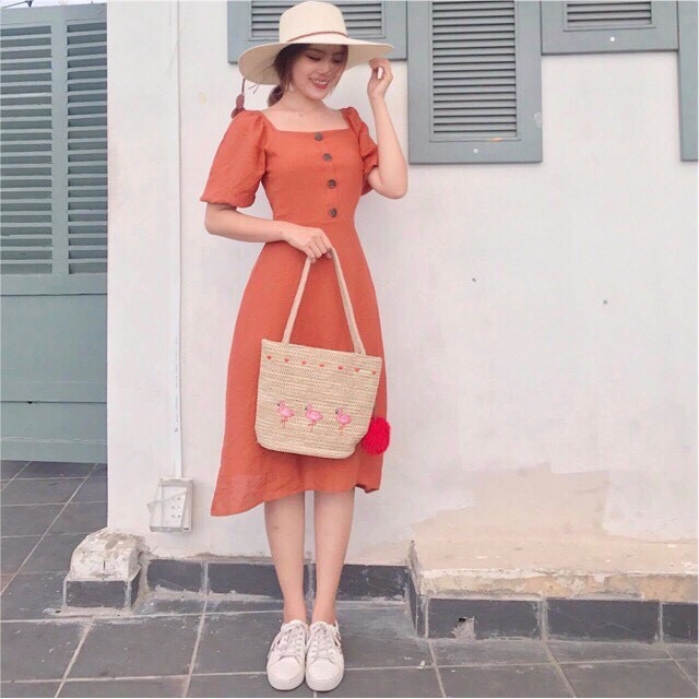 Đầm cổ vuông khuy trước màu cam size L &lt; 40-53kg&gt;