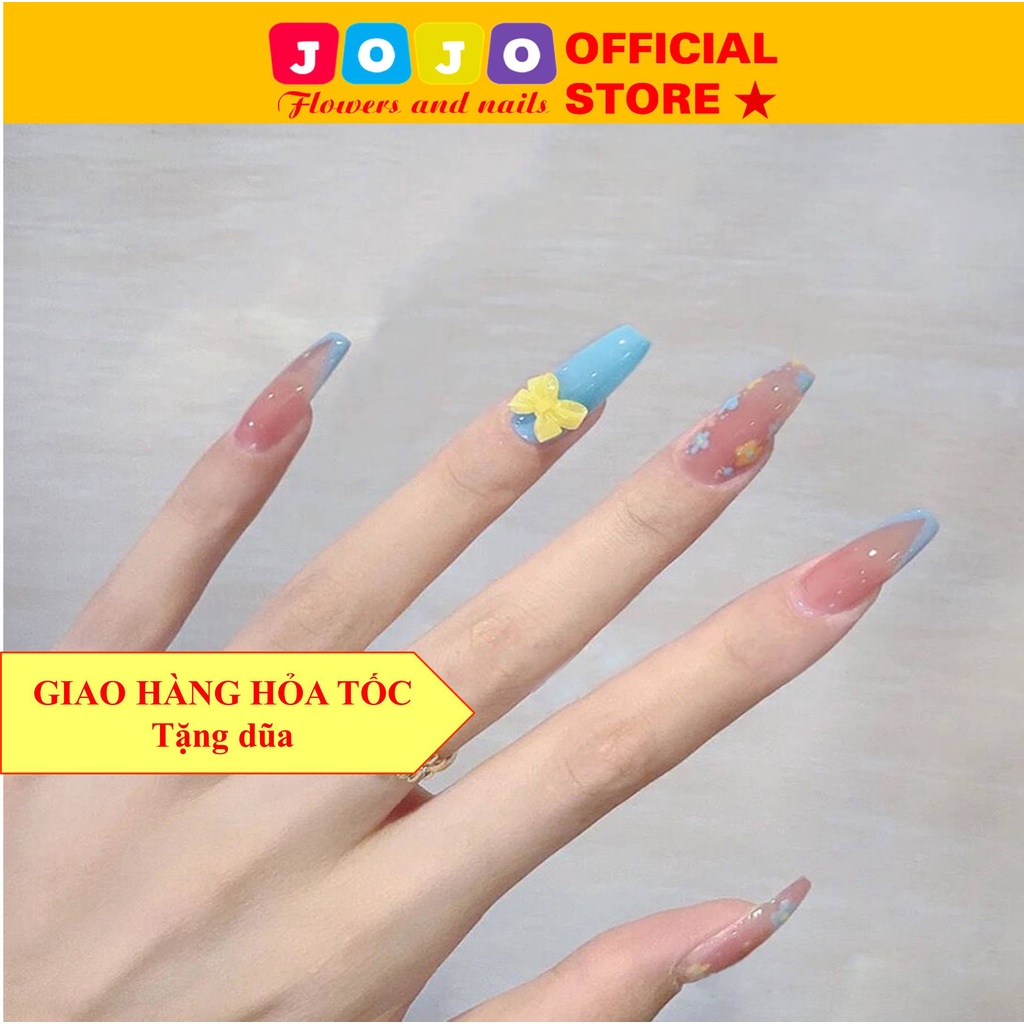 Set 24 móng tay giả đính nơ sơn xanh họa tiết hoa Jojo X23 móng giả nailbox kèm keo tự làm tại  nhà siêu kute