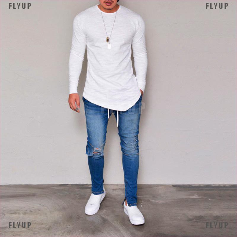 「FLYUP」Mens Gym T Shirt Longline Slim Fit Muscle Long Sleeve Curved Hem Tee Tops Casual | BigBuy360 - bigbuy360.vn