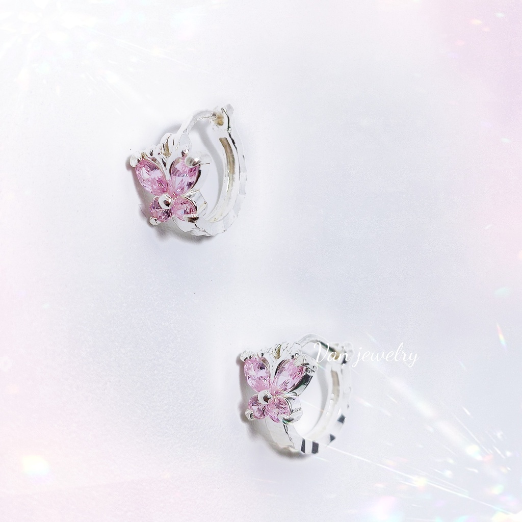 Bông tai bạc bong tai tròn sát tai nạm đá hình bướm hồng trắng xinh xắn cho bé Van Jewelry V10051