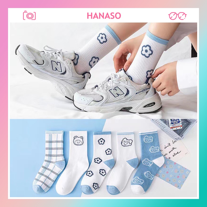 Tất nữ cổ cao họa tiết hoạt hình dễ thương đáng yêu vớ thời trang Hàn Quốc tone xanh dương trẻ trung HANASO TD027