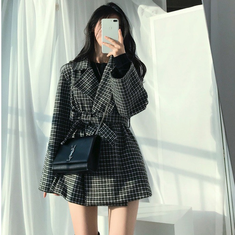Áo khoác kiểu nữ dạ kẻ caro cổ vest 2 lớp dày ấm kèm đai thắt nơ phong cách Hàn Quốc Sollle
