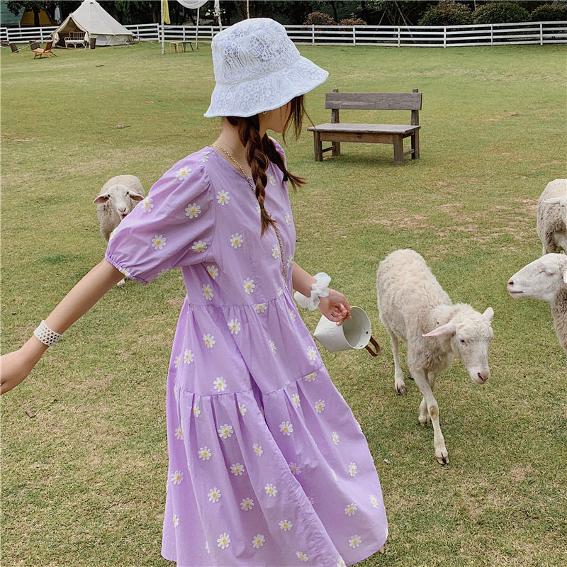 Đầm Suông Tay Phồng Họa Tiết Hoa Cúc Trẻ Trung Thanh Lịch Dành Cho Nữ đầm bầu váy nữ váy bé gái váy dài chân váy dài váy nữ chân váy dài