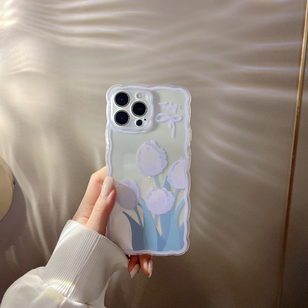 Ốp Điện Thoại Trong Suốt Họa Tiết Hoa Viền Gợn Sóng Kèm Giá Đỡ Nhẫn Cho Iphone 11 8 7 Plus SE2 XS XR 12 13 Mini PRO MAX