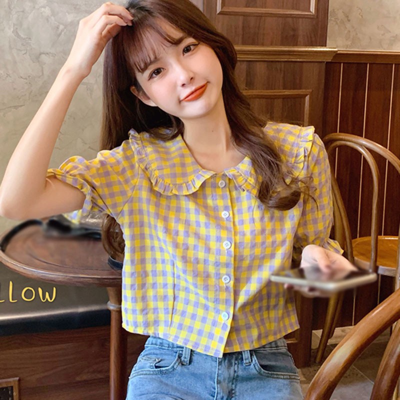 Áo Sơ Mi Ngắn Tay Ca Rô Ca Rô Cổ Búp Bê Đáng Yêu Cho Nữ