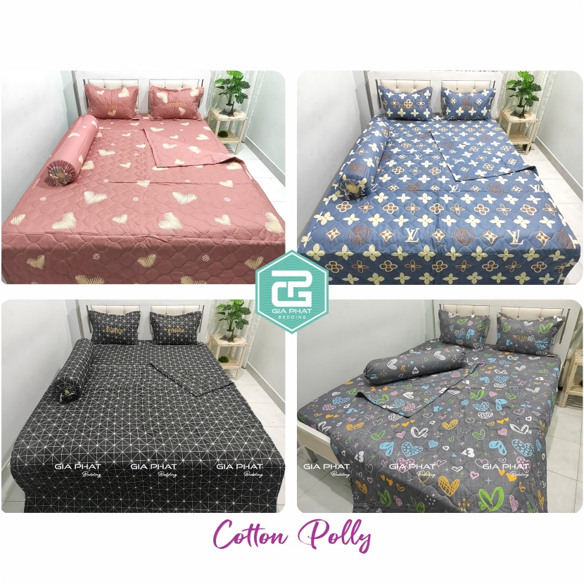 Bộ ga gối Cotton Poly 5 món Loại 1 ( 1 mền chần bông + 1 ga + 1 gối ôm + 2 áo gối thêu có khóa kéo)