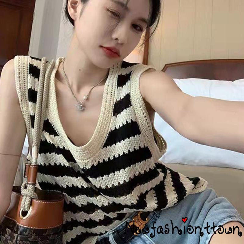 Áo Thun Không Tay Họa Tiết Sọc Màu Sắc Tương Phản Thời Trang Cho Nữ