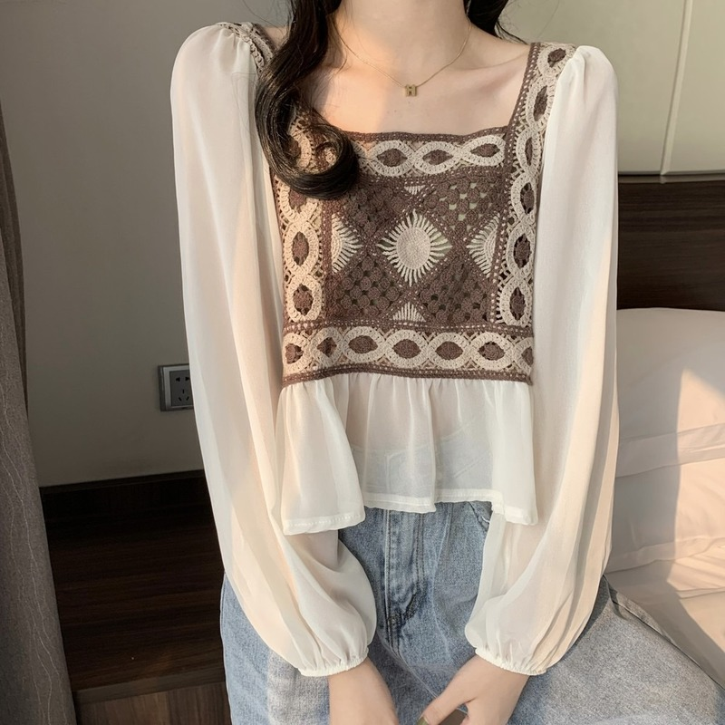 Mới Áo Sơ Mi Voan Cổ Vuông Tay Dài Dáng Rộng Phối Ren Nữ Tính Trẻ Trung Hợp Thời Trang