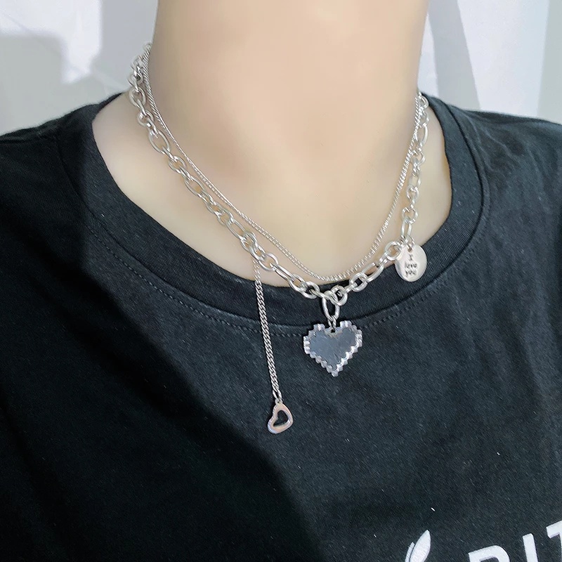 Vòng cổ Hai Lớp Bằng Thép Không Gỉ Mặt Ghép Hình Trái Tim Sáng Tạo Thời Trang Hàn Quốc Cho Nữ