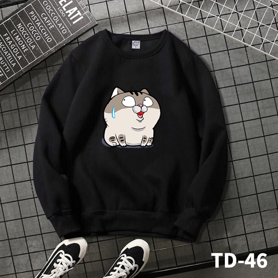 Áo sweater MÈO AMI SỢ HÃI form rộng nam nữ, áo tay dài nỉ bông in họa tiết unisex dày mềm mịn - Tí Chuột Studio