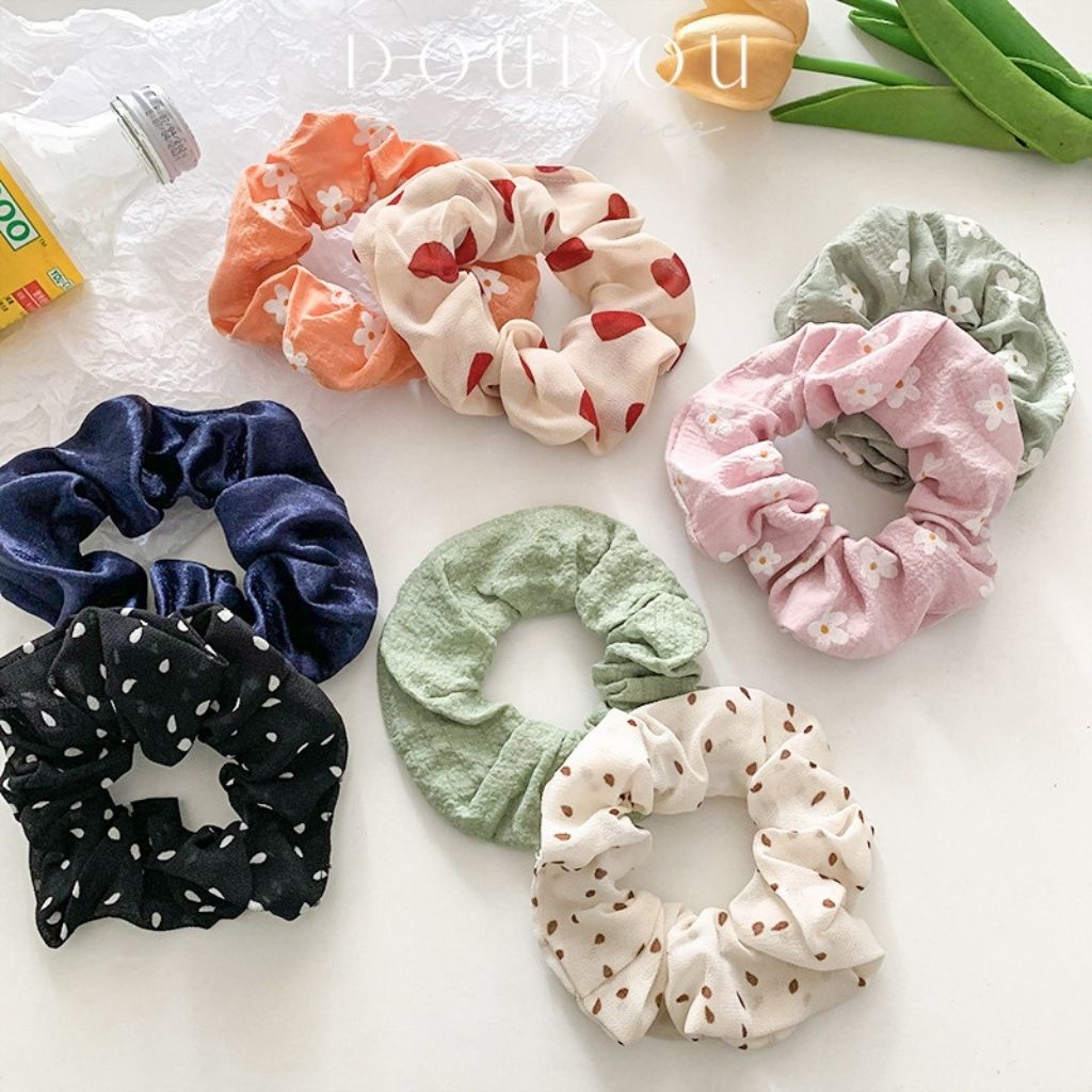 Dây buộc tóc Scrunchies Doudou Dây cột tóc nữ vải mềm mịn họa tiết màu sắc xinh xắn thời trang FQ011