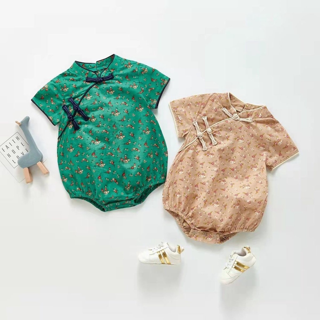 Bộ body cho bé gái sơ sinh 100% cotton cao cấp,Bộ Áo Liền Quần Kiểu Sườn Xám Tay Ngắn In Hoa Xinh Xắn Cho Bé Gái