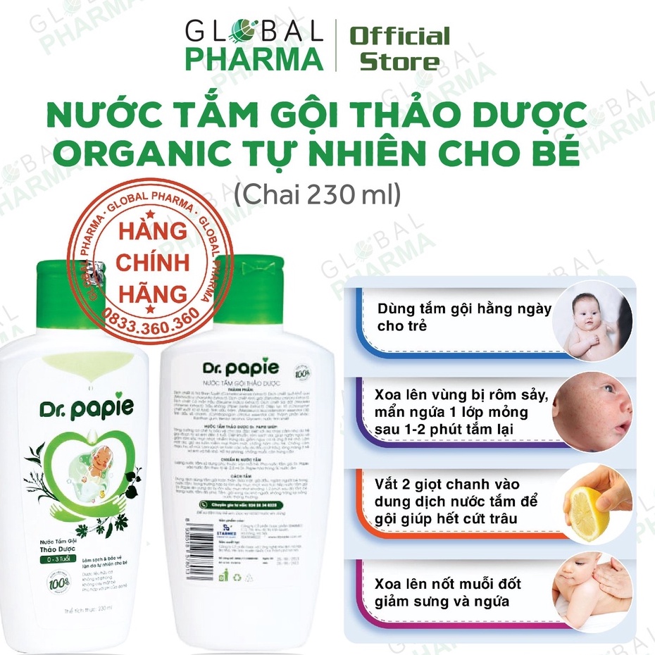 Nước tắm gội thảo dược Dr.Papie chống cảm cúm và rôm sảy, an toàn cho bé sơ sinh (chai 230ml)